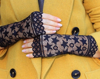Black Lace Fingerless Gloves, Costume Accessory