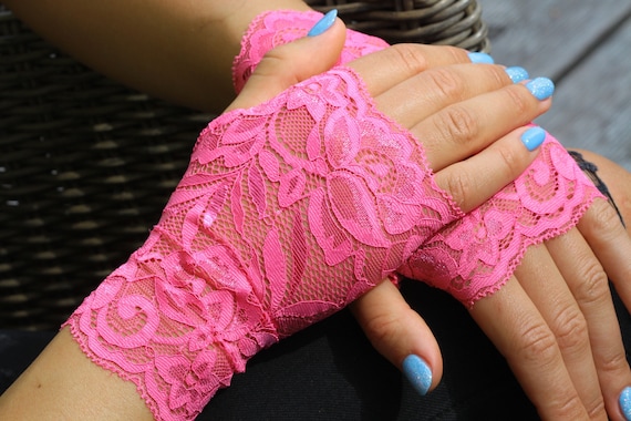 Bright Pink Gloves. Pink Stretch Lace Gloves. Stretch Fingerless Gloves bride Gloves Bridesmaid Gloves. Gift for Her. Etsy