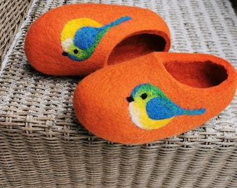 Felted Wool Slippers  in Orange with Birds decor. Hand Made.  Made to Order.