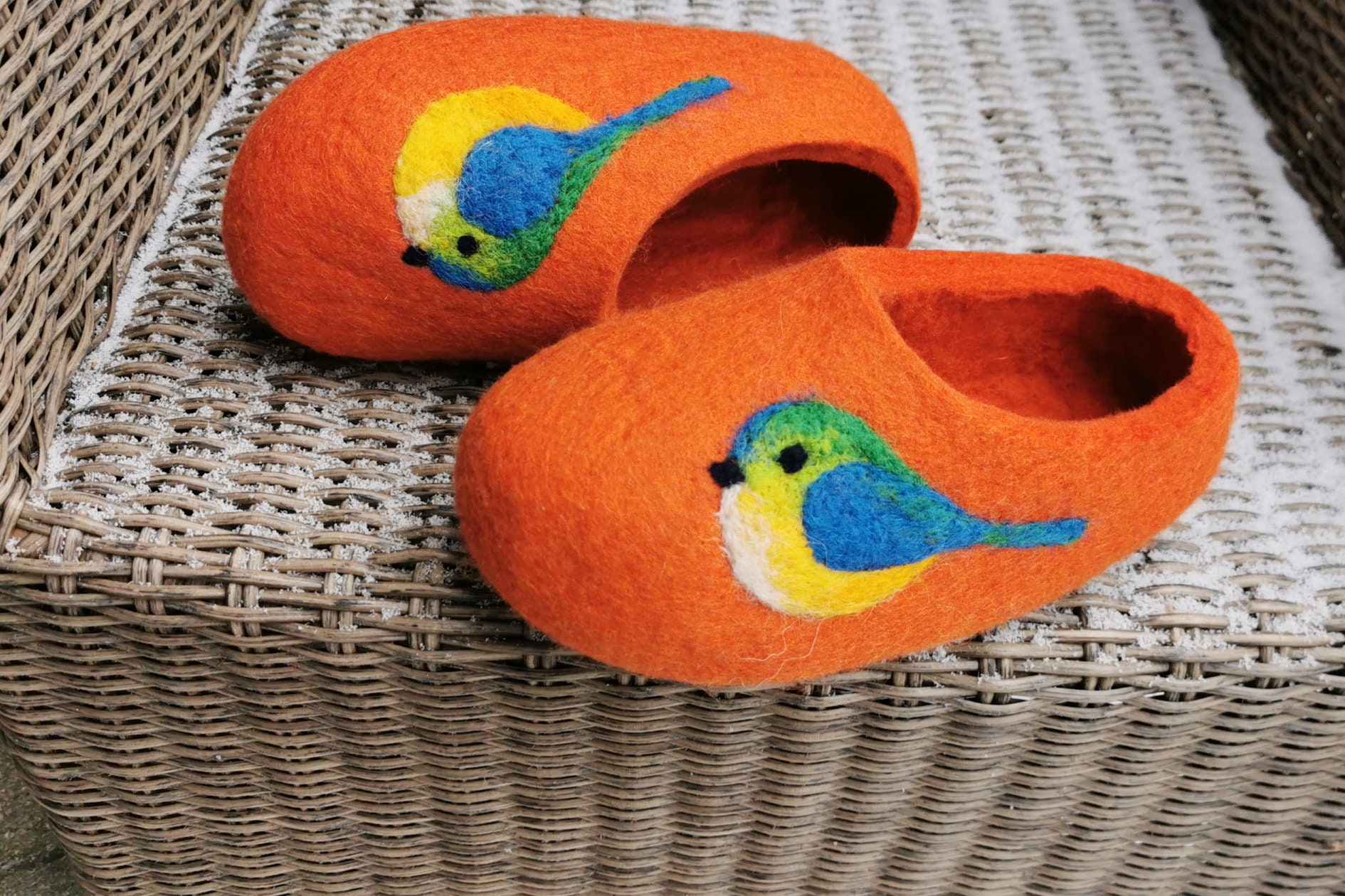 Felted Wool Slippers Orange Birds Decor. Hand Made.
