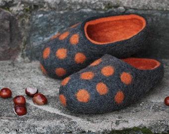 Handmade Wool Felt Slippers, Charcoal Gray with Orange Polka Dots