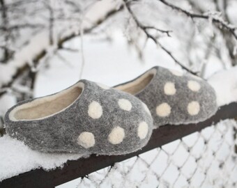 Handmade Felted Wool Slippers: Gray with White Dots, Made to Order