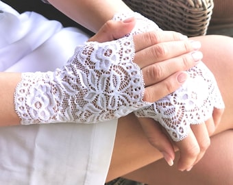 White Lace Fingerless Gloves, Stretchy Floral Design
