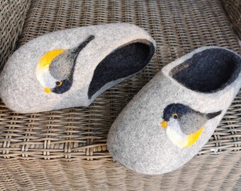 Handmade Felted Wool Slippers, Gray with Bird Decor