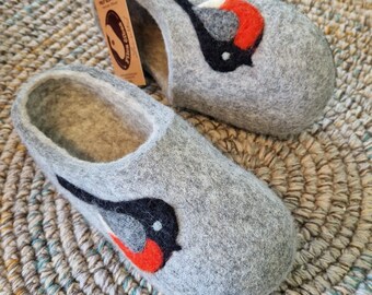 Handmade Wool Slippers: Light Gray Felted Home Shoes with Bird Decor