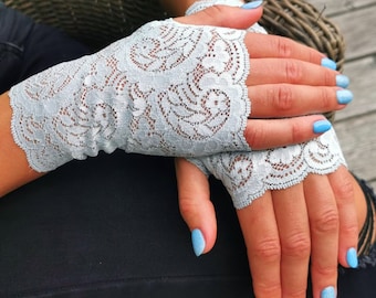 Ice Blue Lace Fingerless Gloves, Stretch Lace Cuffs