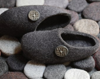 Woolen Slippers in Charcoal Gray. Hand Made Felted 100% Sheeps Wool Slippers.   Made To Order.