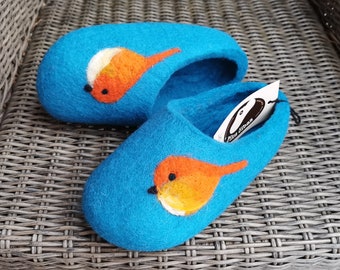 Felted Wool Slippers. Turquoise - Blue  with Birds decor. 100% wool. Hand Made.