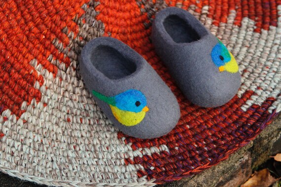 Hand Felted Wool Slippers in Gray With Blue green Birds Decor. Etsy