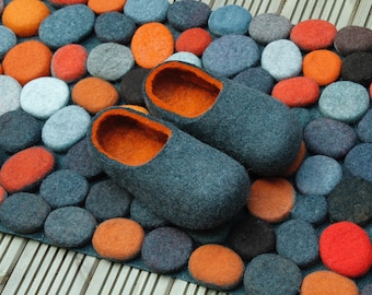 Felted wool slippers in Gray  with Orange inside. Made To Order.