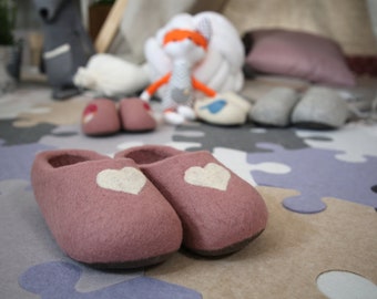 Hand Made Felted Wool Slippers in Light Pink/White Hearst decor.  Made to order.