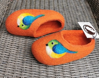 Wool Sloppers. Felted Soft Wool Slippers in Orange  with   Birds decor. Hand Made.