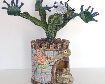 Carnivore Cafe hand built MUD Pi ceramic planter with nuno and needle felted blue Venus flytrap plant