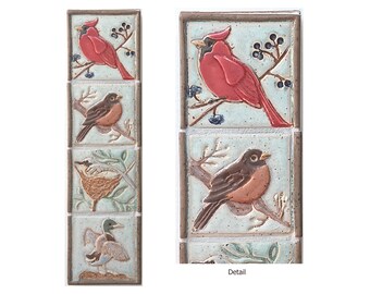 Vertical Birds, Cardinal, Robin, Flycatcher and duck, Arts and Crafts MUD Pi 4"x 15" Unmounted Mural  Tile