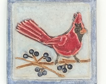 Northern Cardinal Arts and Crafts decorative handmade 4x4 MUD Pi ceramic tile