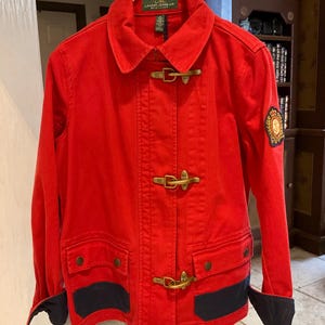 NEW Medium Ralph Lauren Jeans Co Red Denim Jacket Women&#39;s Metal Clasps Navy Cuffs Nautical