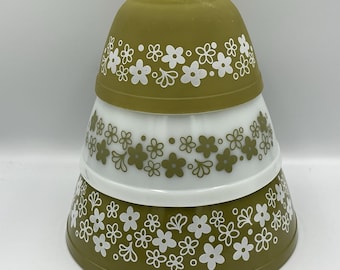 Vintage Pyrex Spring Blossom Mixing Bowl Set of 3 Green Crazy Daisy 401 402 403