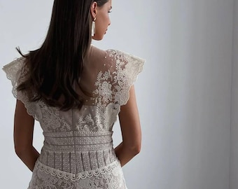 OffWhite Lace Midi Dress: Vintage Embroidered Mother of Bride Gown