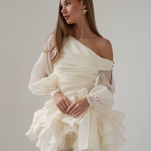 long sleeve rehearsal dinner dress Ivory Silk Wedding Slit with Sleeves covered buttons at the cuffs and back add a refined finishing touch Bridal Gown Long Sleeve Rehearsal