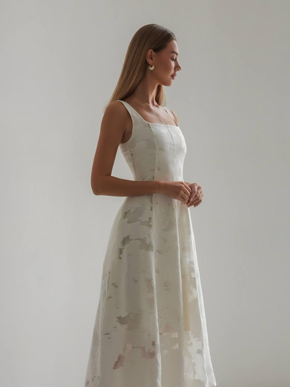 slim fit dress slacks Vintage 1950s Ivory White Rose Brocade Wedding/ Cocktail Dress, 3/4 Sleeves, Xs main image 1