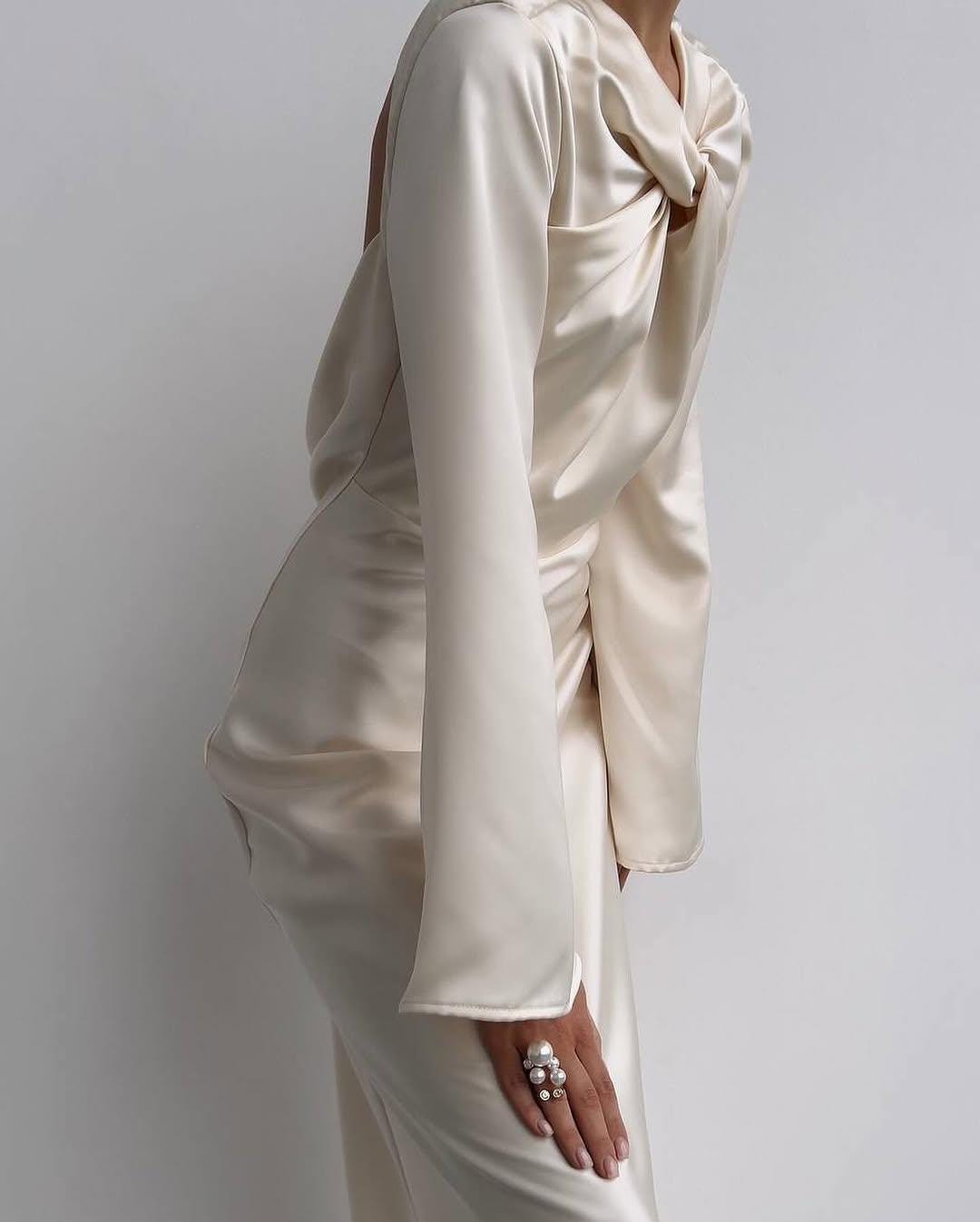 champagne long sleeve satin dress DIVINE LONG SLEEVE OFF OR ON THE SHOULDER SOFT SATIN DRESS CHAMPAGNE