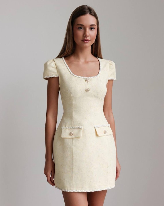 Yellow Tweed Mini Dress: Vintage Inspired Pearl Button Business Outfit, Plus Size Dress - Etsy Israel Yellow Tweed Mini Dress: Vintage Inspired Pearl Button Business Outfit, Plus Size Dress - Etsy Israel