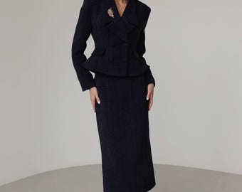 Navy Blue Suit, Fall Winter Two Piece Set, Skirt Jacket Suit