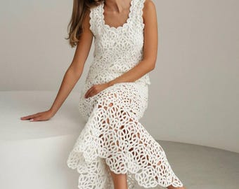 White Maxi Skirt Set: Lace Vest Top & Skirt