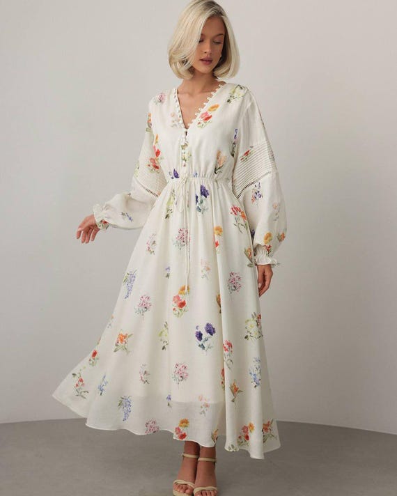 Ivory Maxi Dress: Long Sleeve Boho Cottagecore Gown