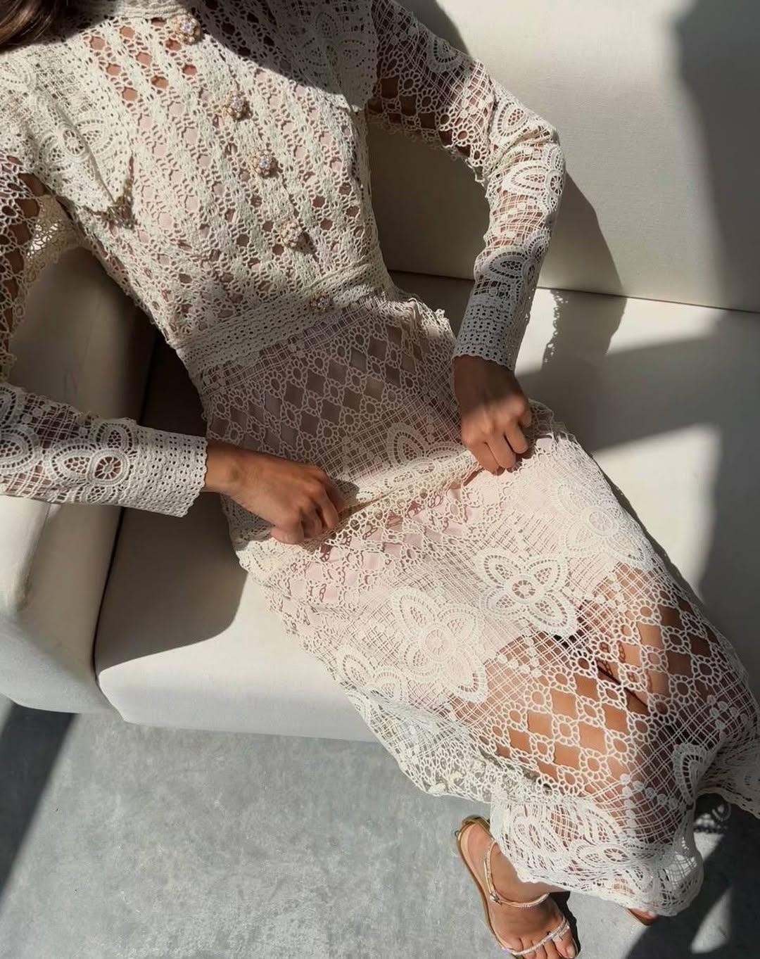 vintage lace midi dress Polka Dot Lace Midi Dress Silken Sand / XL