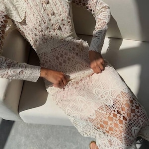 Vintage Lace Midi Dress – High Neck Victorian-Inspired Formal Dress, Long Sleeve Embroidered Dress for Bridal Shower or Wedding Guest