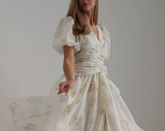 Floral Chiffon Midi Dress with Puff Sleeves, V Neck Summer Dress, Garden Party Boho Dress, Romantic Vacation Dress Wedding Guest Sundress