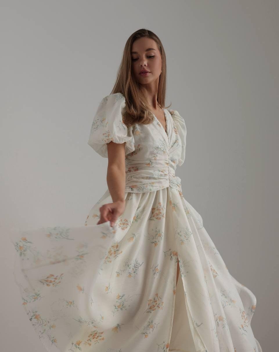 Floral Chiffon Midi Dress with Puff Sleeves, V Neck Summer Dress, Garden Party Boho Dress, Romantic Vacation Dress Wedding Guest Sundress