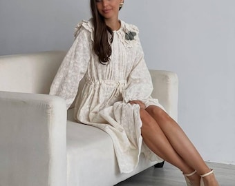 Vestido Cottagecore: Vestido Boho Campestre com Gola Bordada
