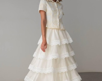 Embroidered Cotton Victorian Set: Blouse & Tiered Maxi Skirt