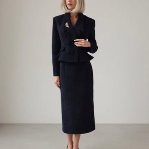 Vintage Tweed Skirt Suit for Women – Blue Retro Blazer and Classic Skirt Set – 50s Style Power Suit – Office Business Formal Fall Fashion