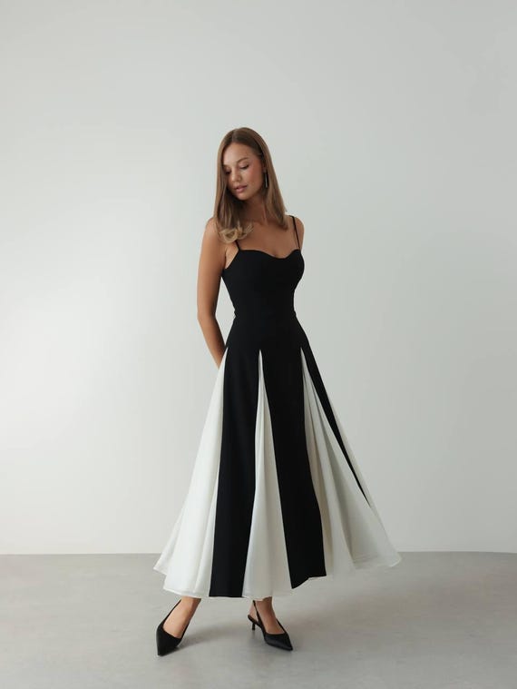 black white dress wedding guest V Neck Ankle Length Short Sleeves Dress, Black / XL line silhouette designed to flatter Qolati Women's V Neck Bridesmaid