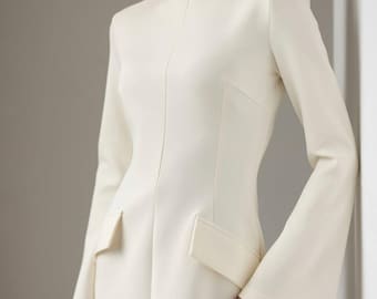 Ivory Long Sleeve Dress – Modest High Neck Formal Dress – Classic Architectural Office Dress for Women – Elegant Fall Business Outfit