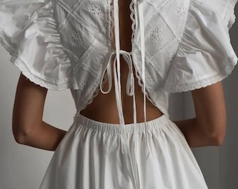 White Mini Dress with Ruffle Sleeves – Rehearsal Dinner or Cocktail Garden Party Dress