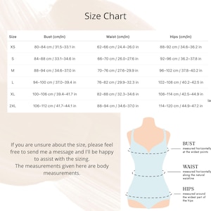 May include: Size chart with bust, waist, and hip measurements in centimeters and inches. Includes sizes XS to 2XL. Text reads: "If you are unsure about the size, please feel free to send me a message and I'll be happy to assist with the sizing."