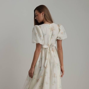 Floral Midi Dress – Puff Sleeve Chiffon Dress, Cottagecore Summer Dress, Vintage Inspired V Neck Casual Floral Dress for Women
