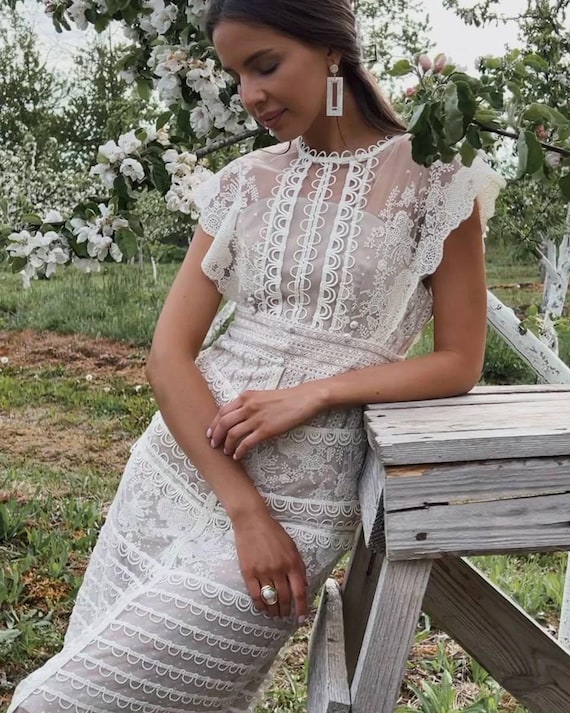 White Lace Midi Dress: Vintage Embroidered Mother of Bride Gown