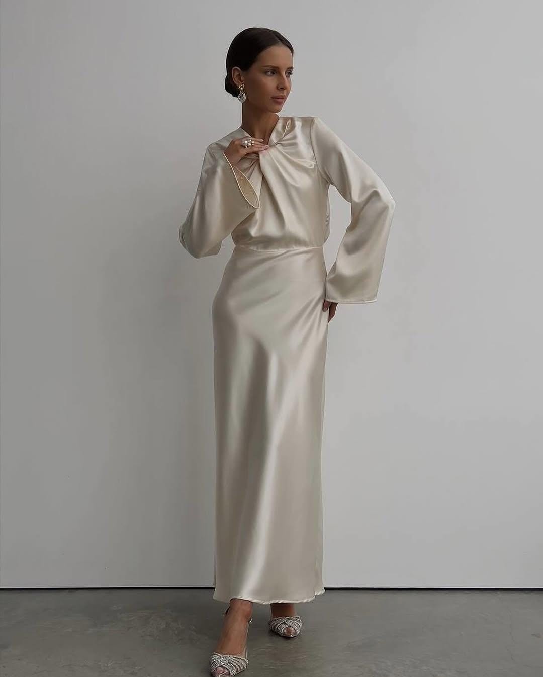Champagne Satin Maxi Dress: Long Sleeve Open Back Silk Bridal Gown