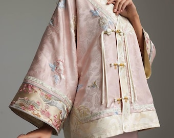 Pink Embroidered Kimono Jacket – Vintage Inspired Silk Blend Kimono, Oriental Wrap Top, Boho Bridal Kimono Cover