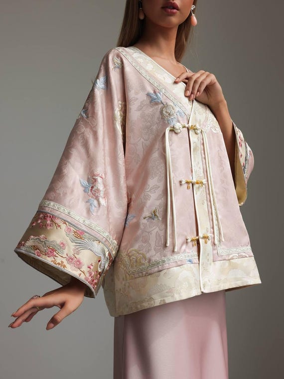Pink Embroidered Kimono Jacket – Vintage Inspired Silk Blend
