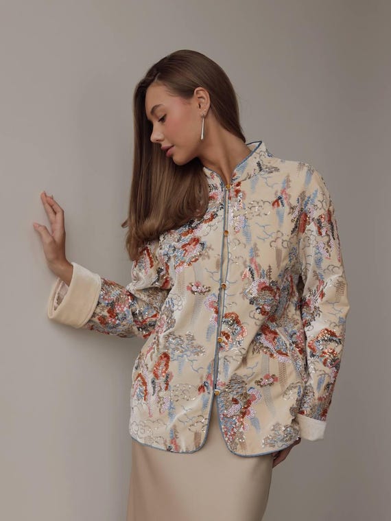 Velvet Embroidered Jacket – Beige Sequin Blazer, Vintage Inspired Couture Jacket, Boho Chic Formal Wear