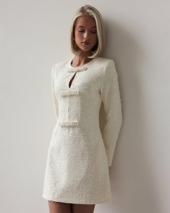 Ivory Tweed Mini Dress: 60s Style Long Sleeve Cocktail Dress