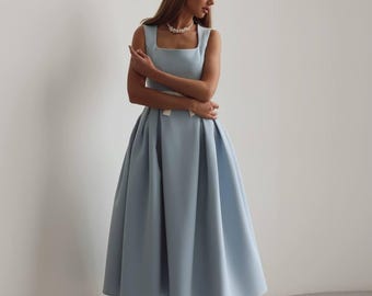 Light Blue Midi Dress | Formal Sleeveless Dress | Vintage Inspired 50s Style Cocktail Dress | Retro Wedding Guest Dress