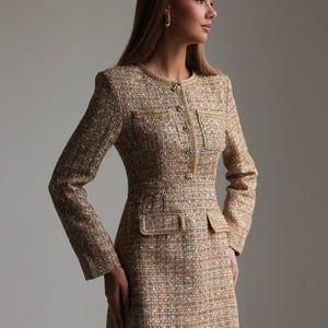 Tweed Business Dress  Melange French Chic Preppy Office Dress, Vintage-Inspired Elegant Workwear, Long Sleeve Fall Dress with Gold Buttons