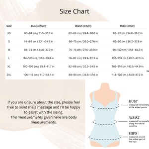 May include: Size chart with bust, waist, and hip measurements in centimeters and inches. Includes sizes XS to 2XL. Text reads: "If you are unsure about the size, please feel free to send me a message and I'll be happy to assist with the sizing."